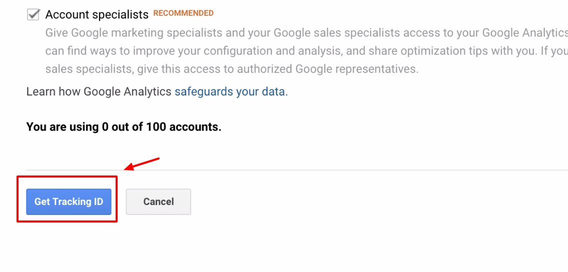 Screenshot showing google analytics get tracking ID button