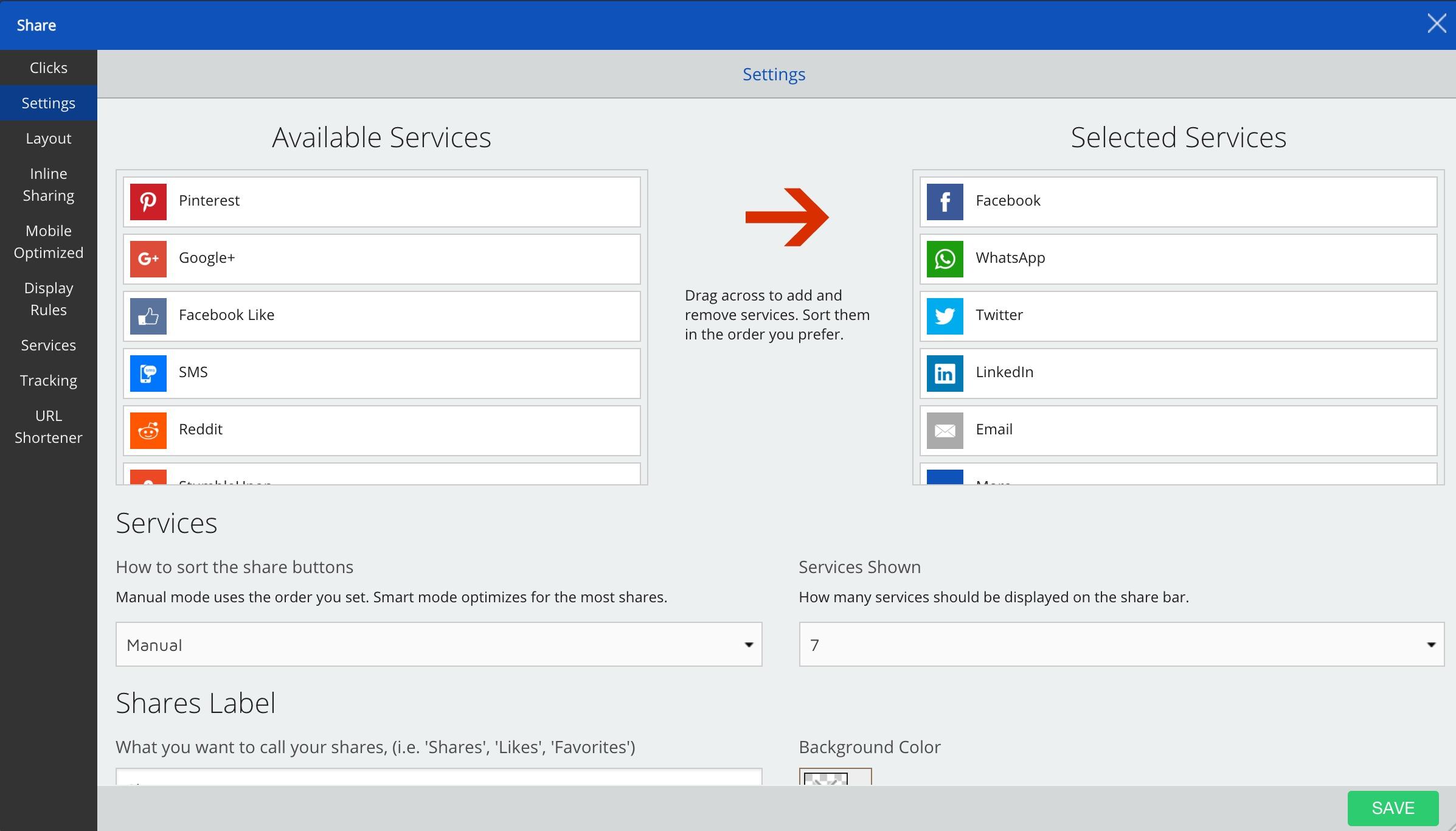 Screenshot of available and selected services on the Sumo dashboard