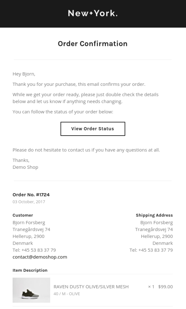 Screenshot showing an order confirmation page