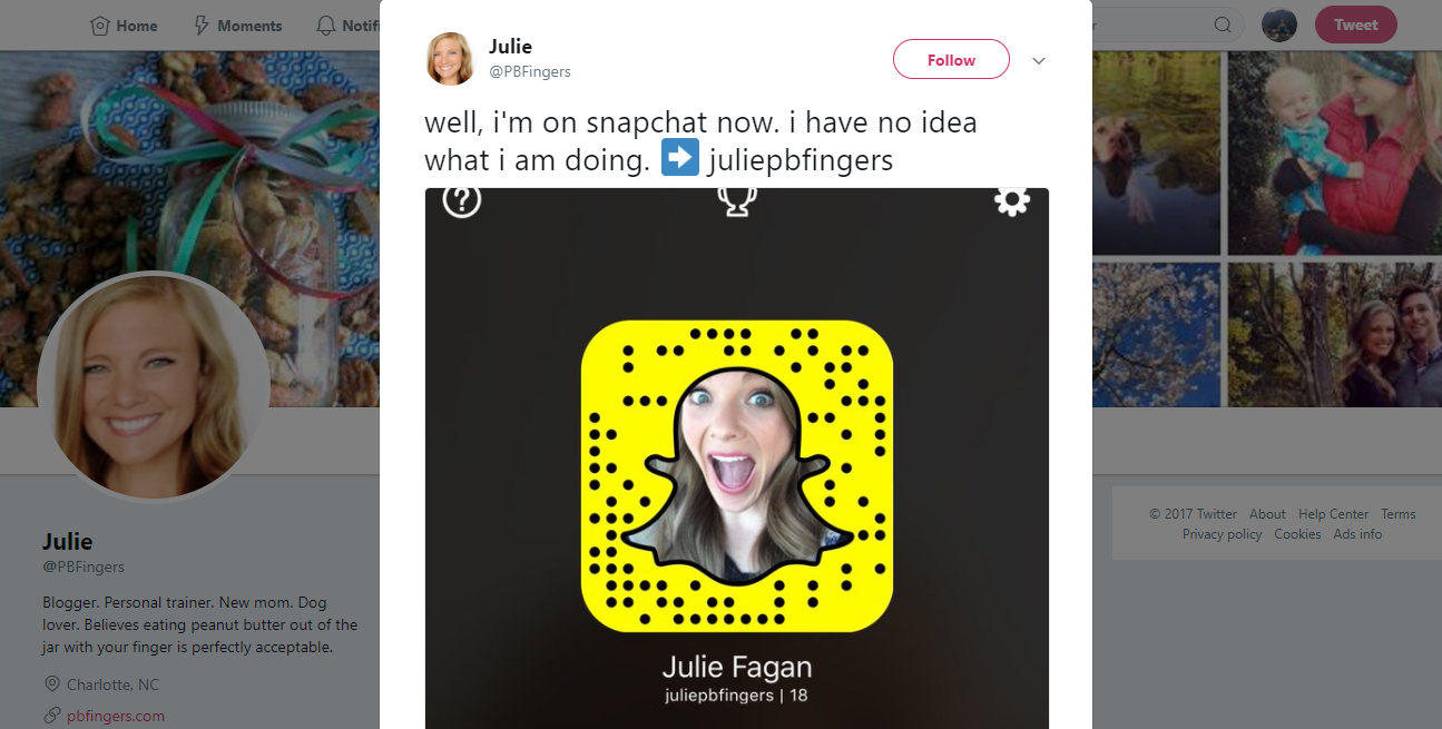 Screenshot showing a Twitter post containing a Snapchat add link