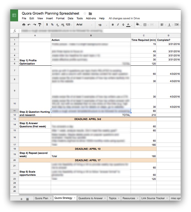 Screenshot showing the strategy planning spreadsheet