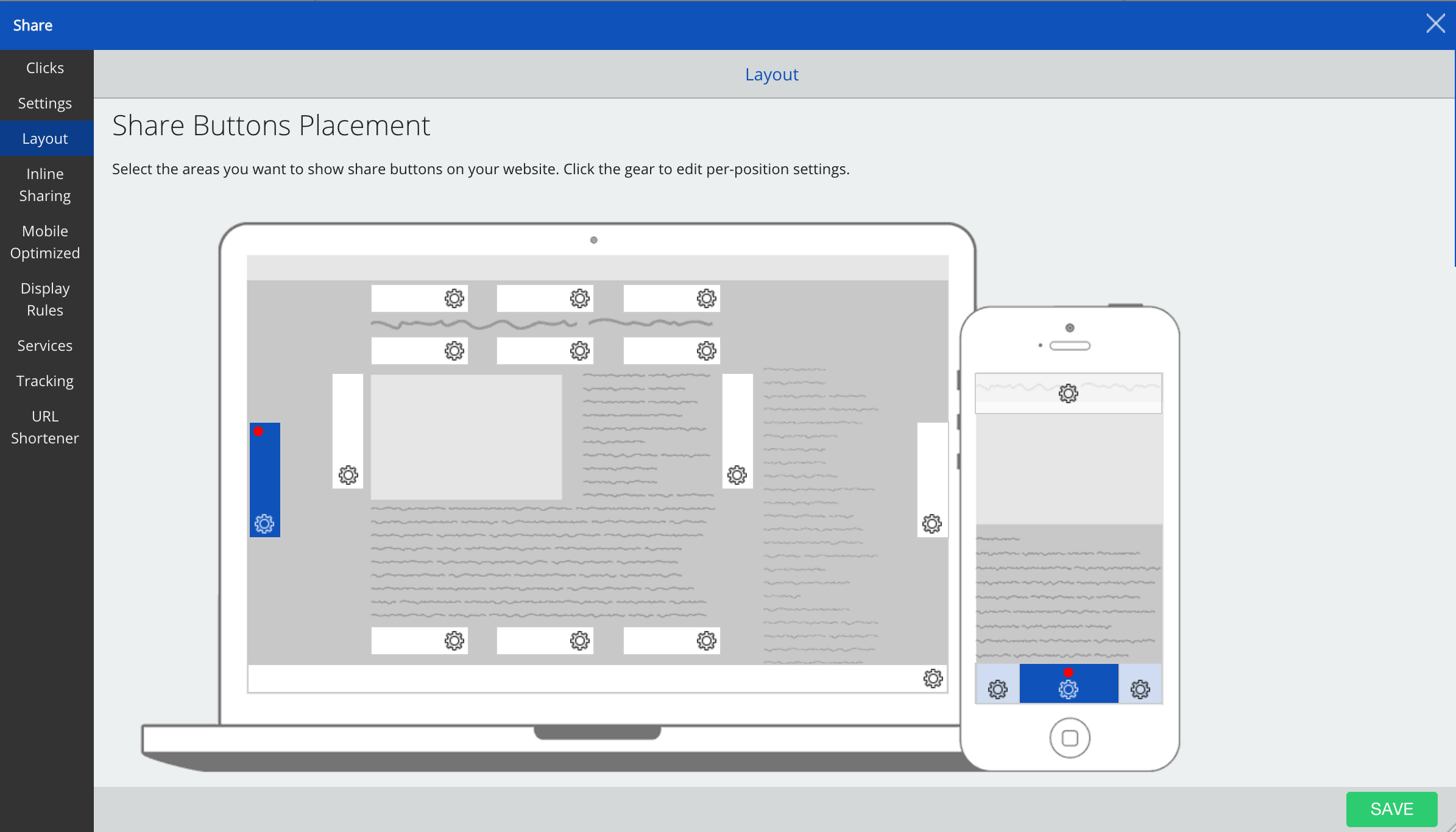 Screenshot of the settings page for where you can place social buttons on the Sumo dashboard