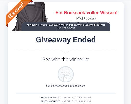 Screenshot showing HYKE giveaway winner page