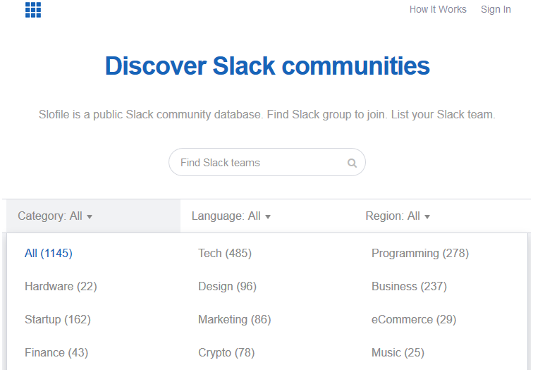 Screenshot of Slofile to find Slack communities