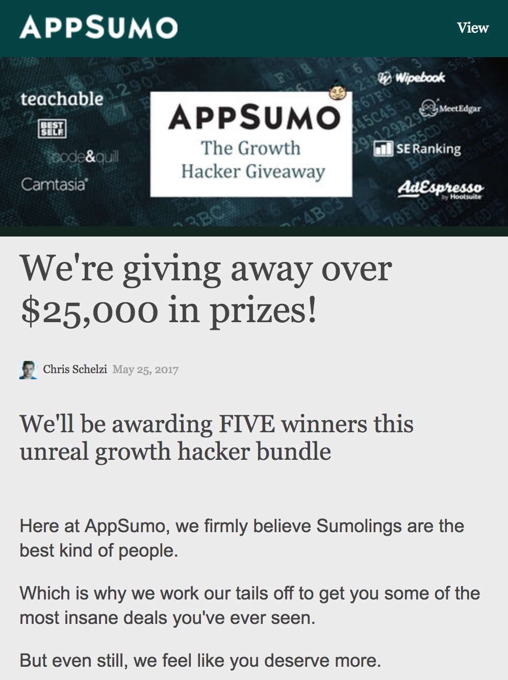 Screenshot showing copy for an appsumo giveaway