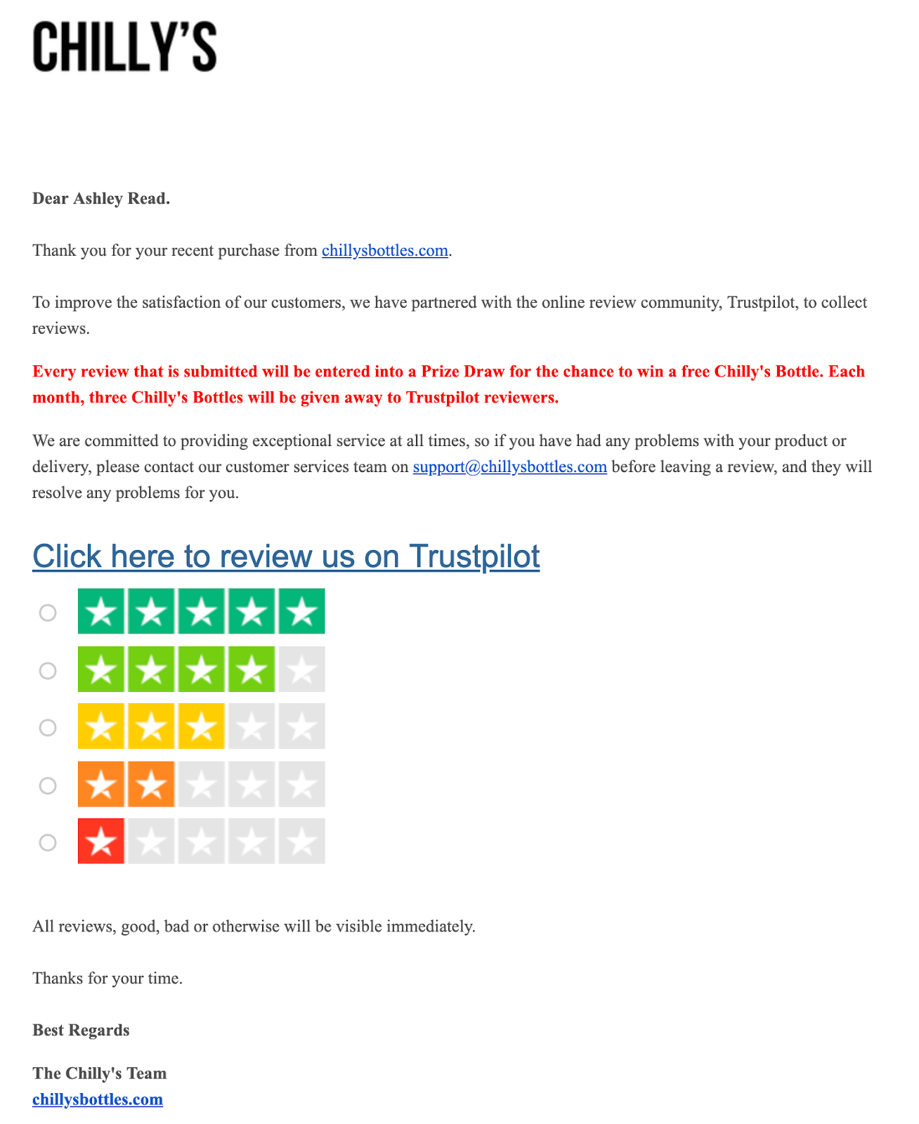 Screenshot of prompt to review email from Chilly