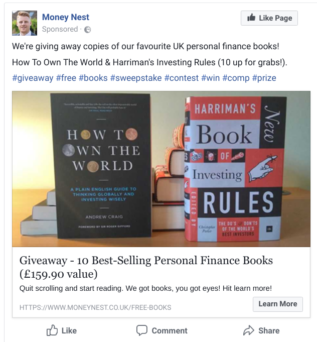 Screenshot showing a facebook post sharing a sweepstakes