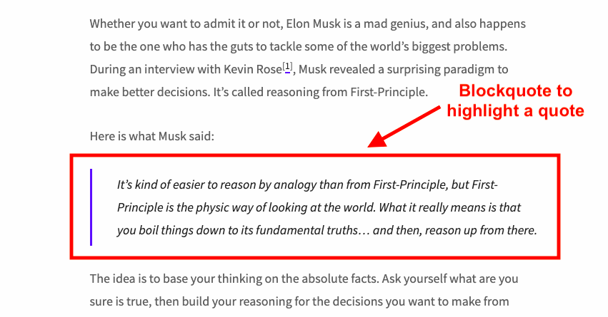 Screenshot of blockquote to highlight a quote you want your readers to pay extra attention to