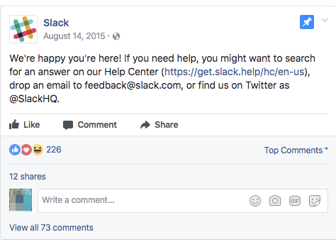 Screenshot of a Facebook post by Slack