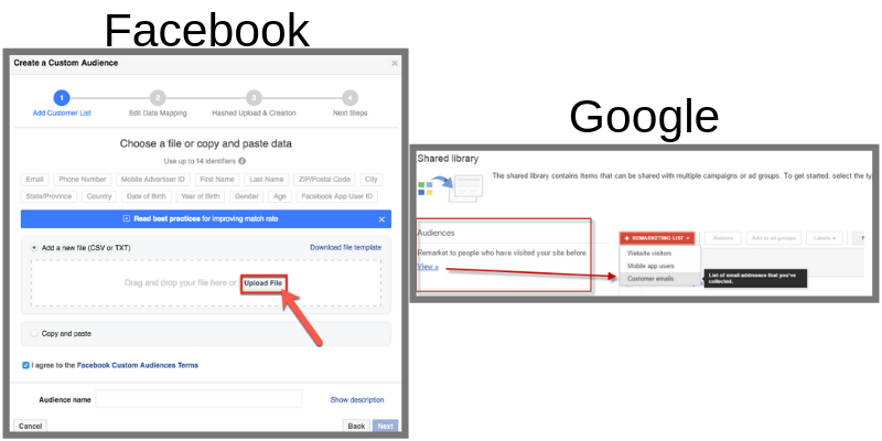 Screenshot of uploading email list to Facebook or Google Ads