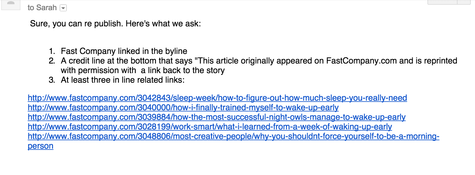 Screenshot showing an email sent by FastCompany about republishing