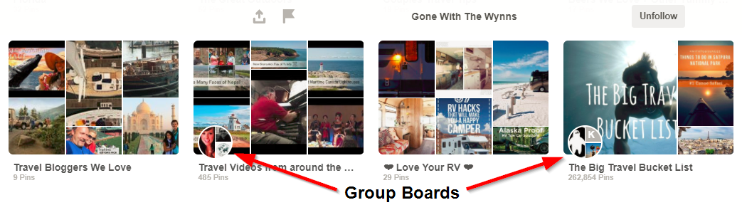 Screenshot showing different group boards on pinterest