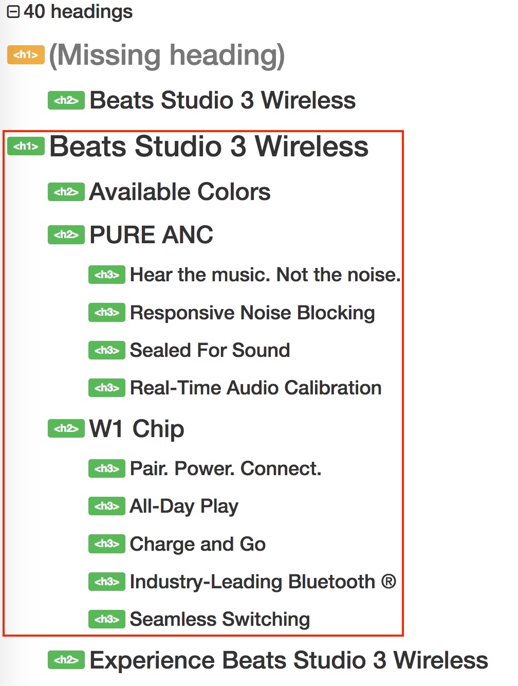 Screenshot showing headings on a page