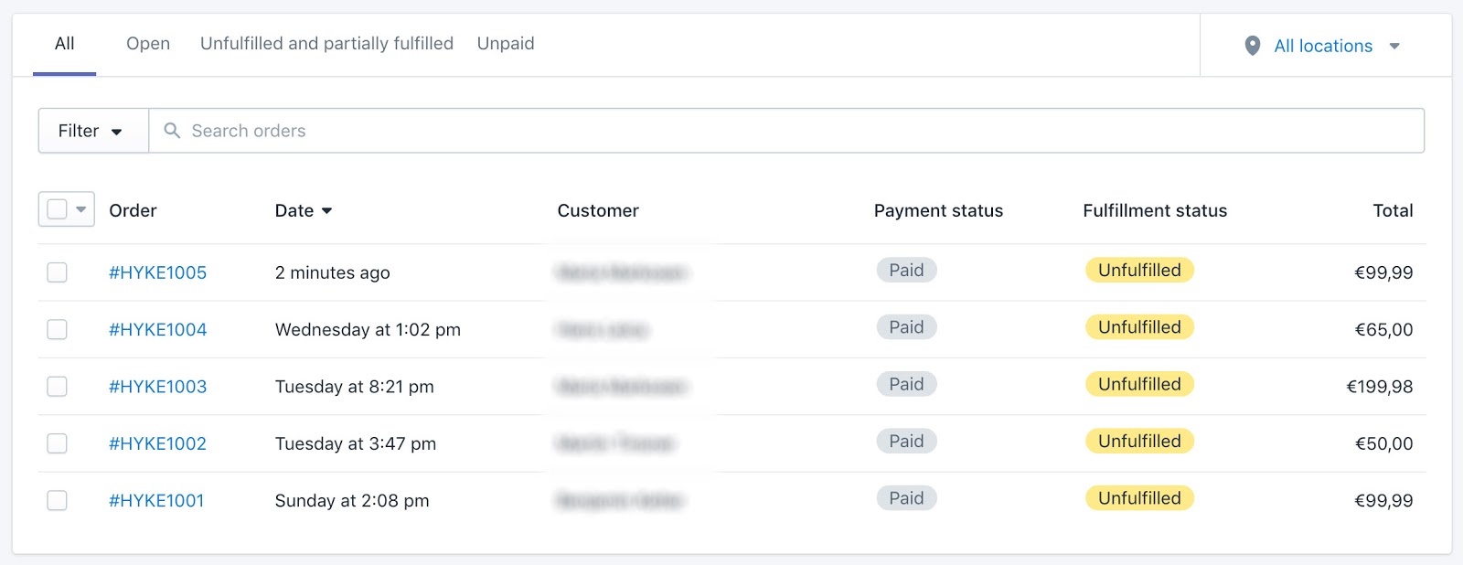 Screenshot showing a list of Shopify sales