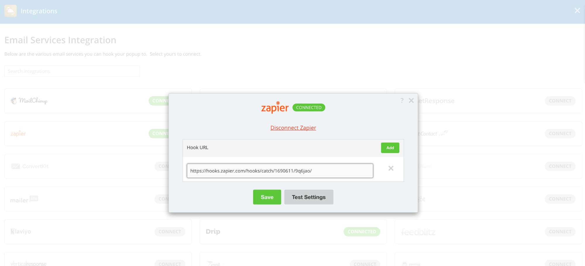 Screenshot showing a zapier popup