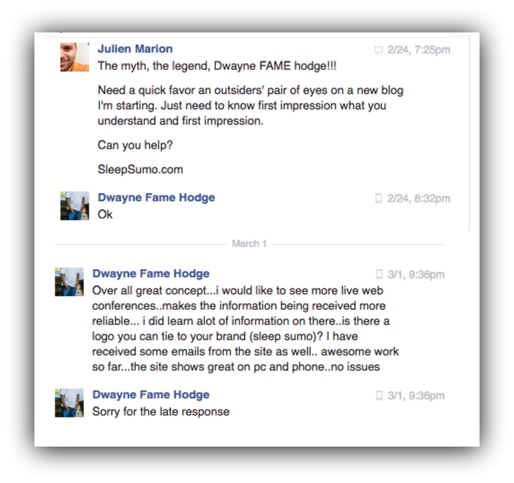 Screenshot showing a Facebook conversation