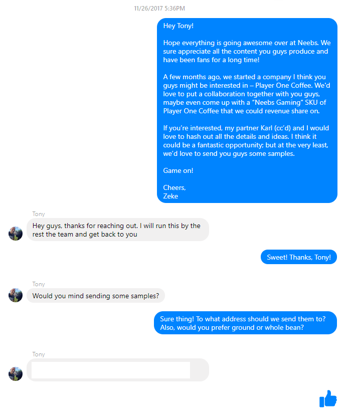 Screenshot showing a facebook messenger conversation