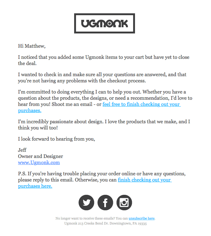 Screenshot of Ugmonk abandoned cart email example