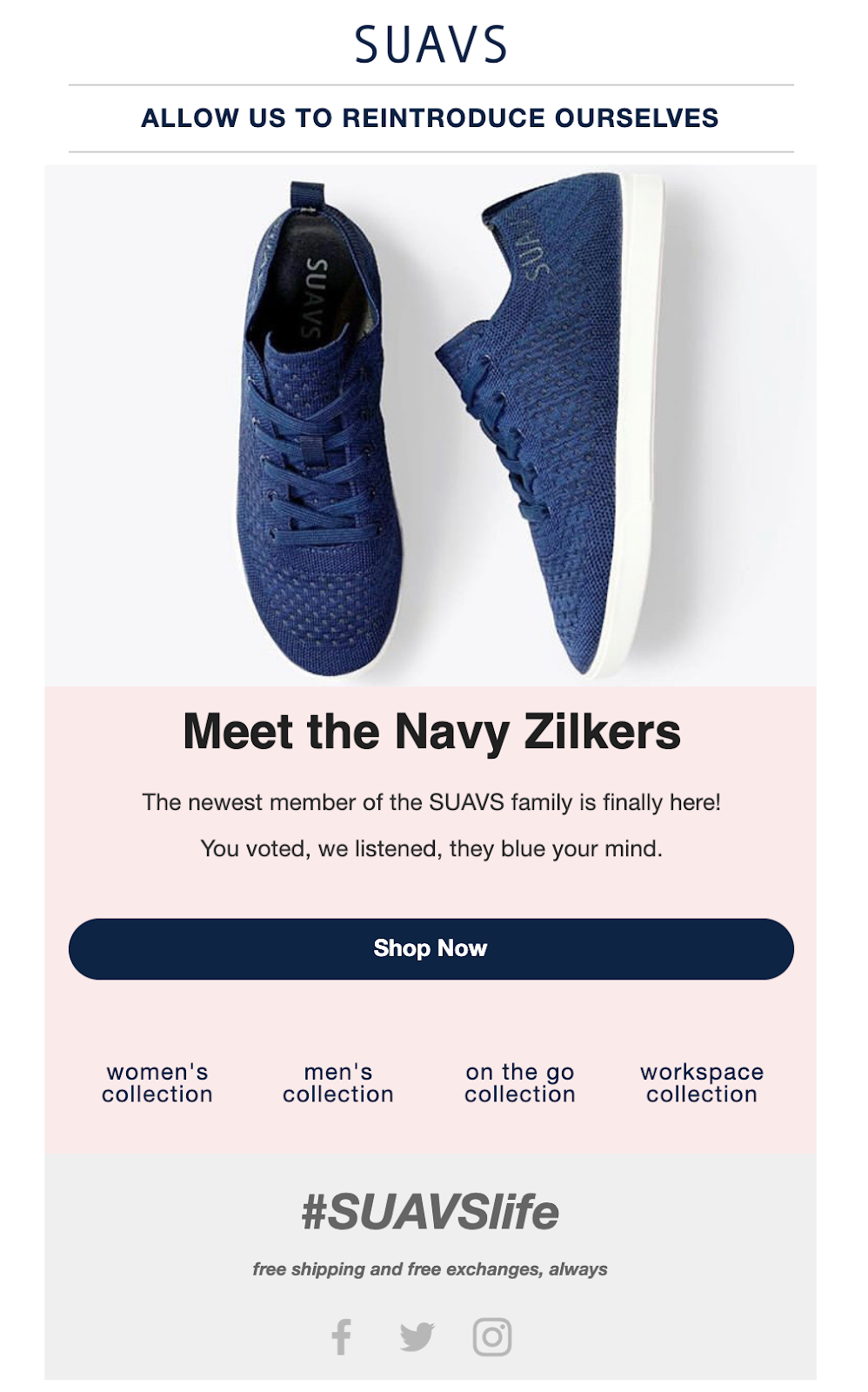 Screenshot of new product launch email by Suav Shoes