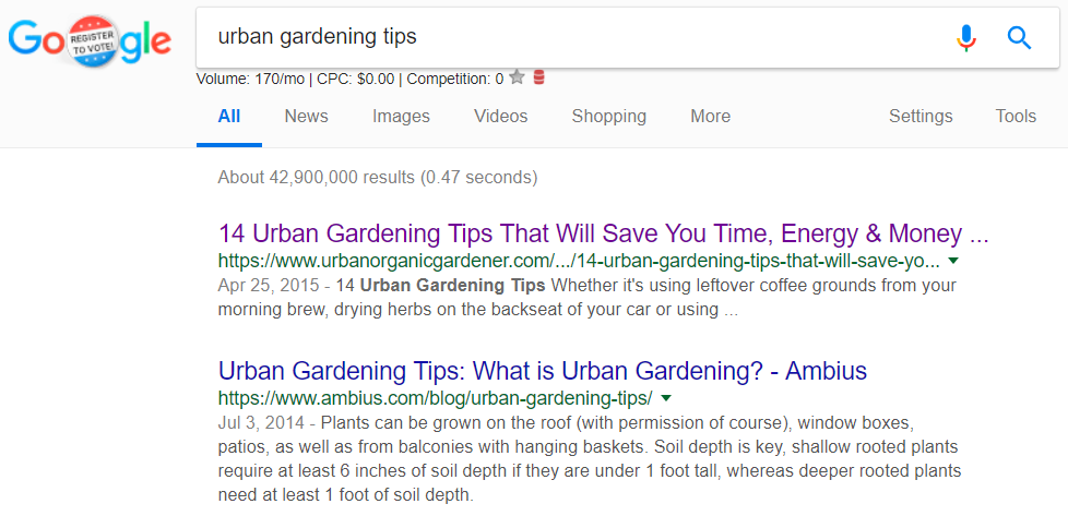 Screenshot showing search results for "urban gardening tips"