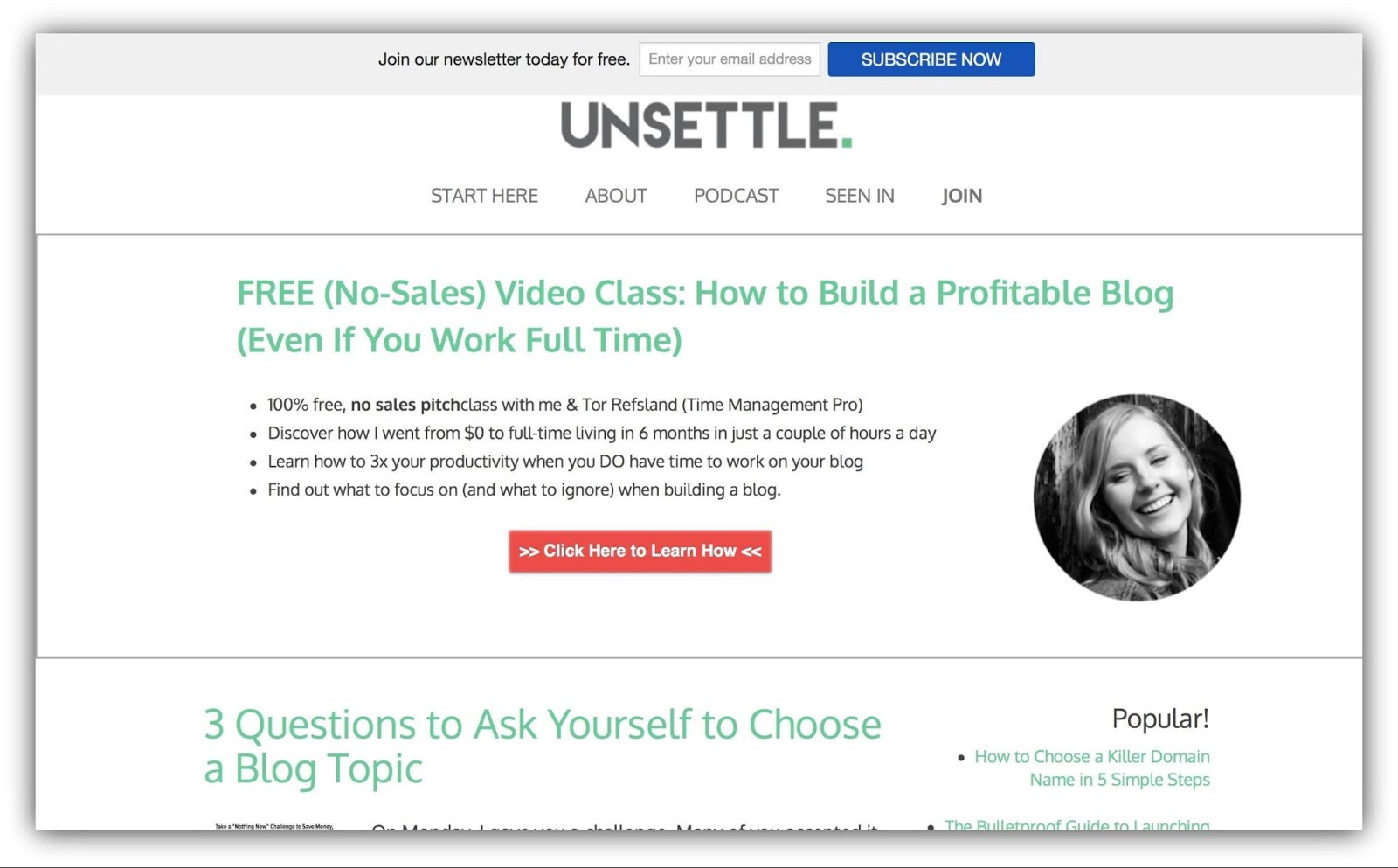 Screenshot showing content on Unsettle