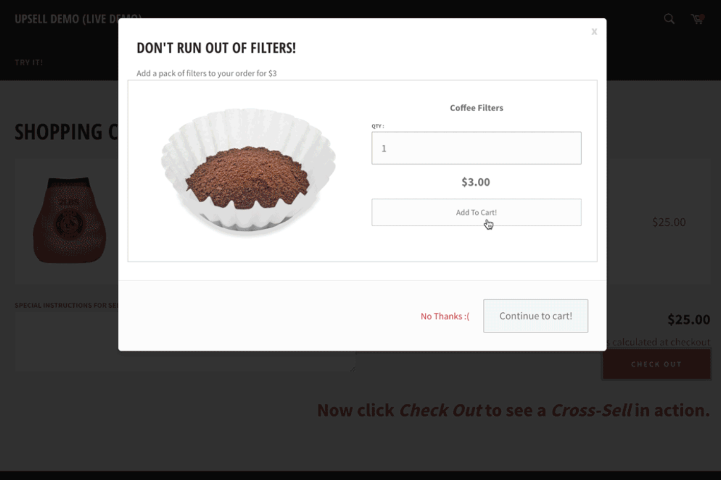 Screenshot showing coffee filter cross-sell example