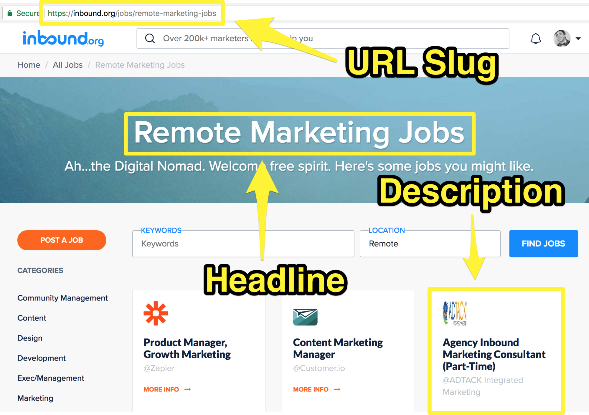 Screenshot showing an inbound.org page for remote marketing jobs