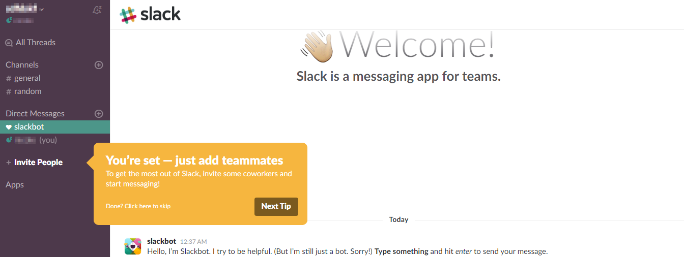 Screenshot showing the welcome page after signing up for Slack