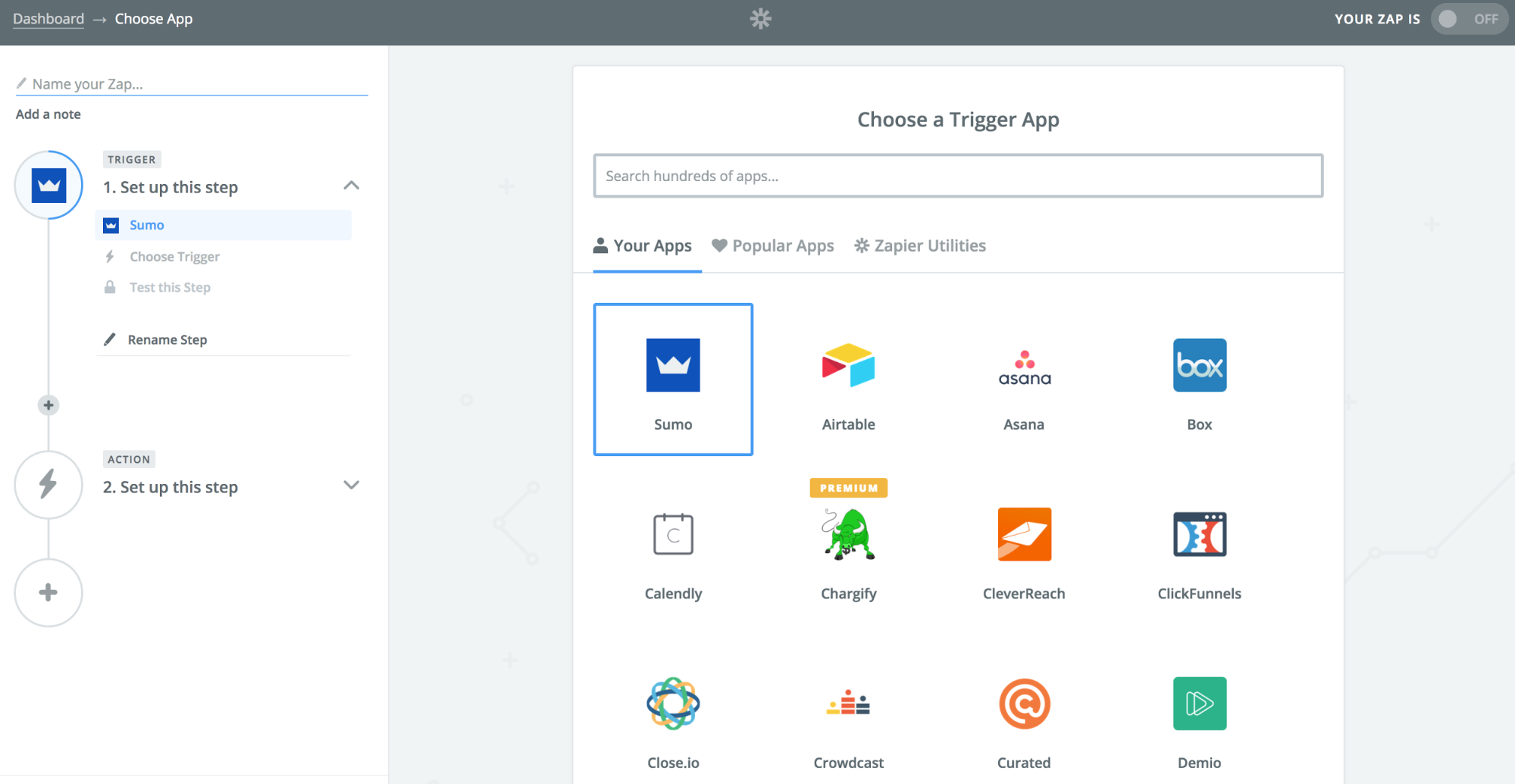 Screenshot showing trigger app selection page on Zapier