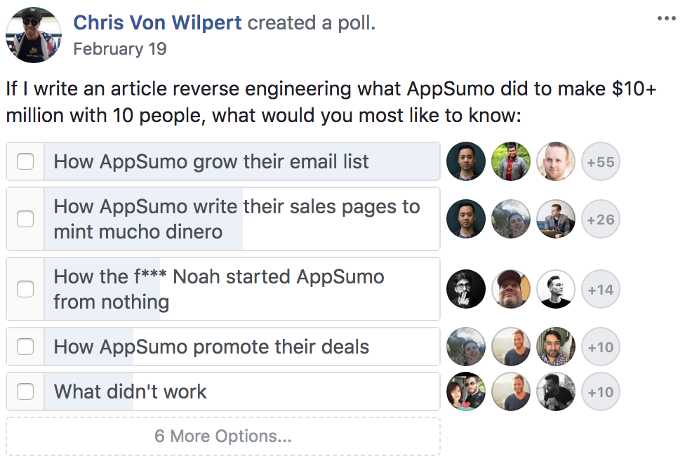 Screenshot showing a Facebook poll about what people would like to know