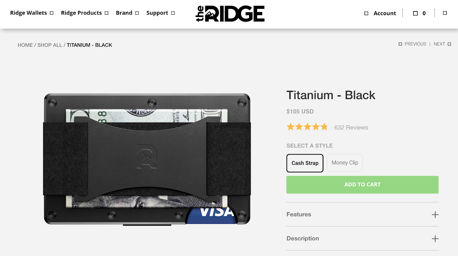 Screenshot of Ridge Wallet product page using CTAs
