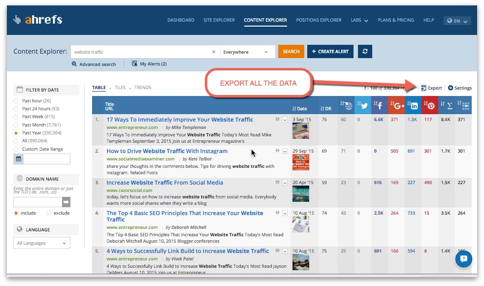 ahrefs export data to google sheet or excel spreadsheet