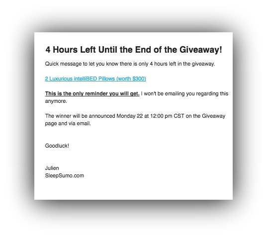 Screenshot showing an email about a giveaway