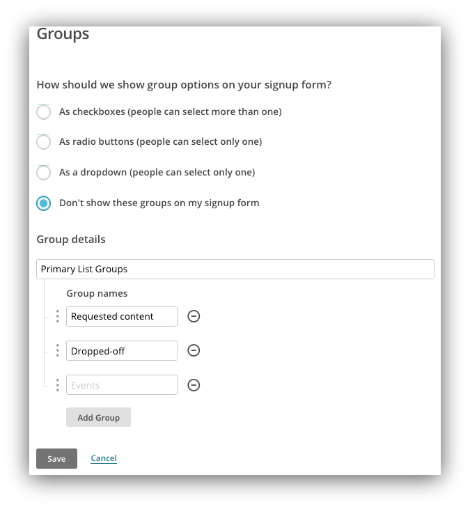 Screenshot of the groups settings page on the Mailchimp dashboard