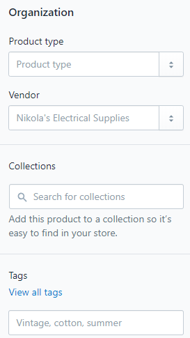 Screenshot showing Shopify product settings