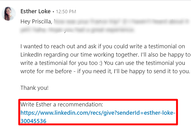 LinkedIn recommendation message from Esther Loke