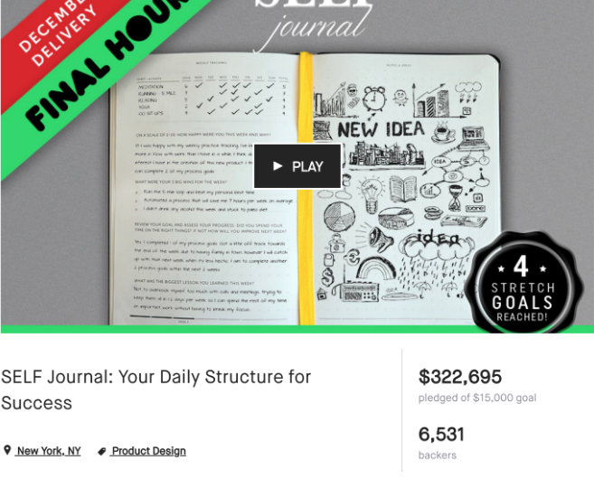Screenshot of SELF Journal Kickstarter campaign results