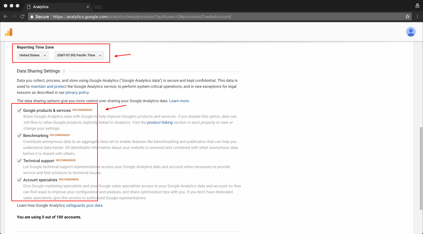 Screenshot showing google analytics settings page