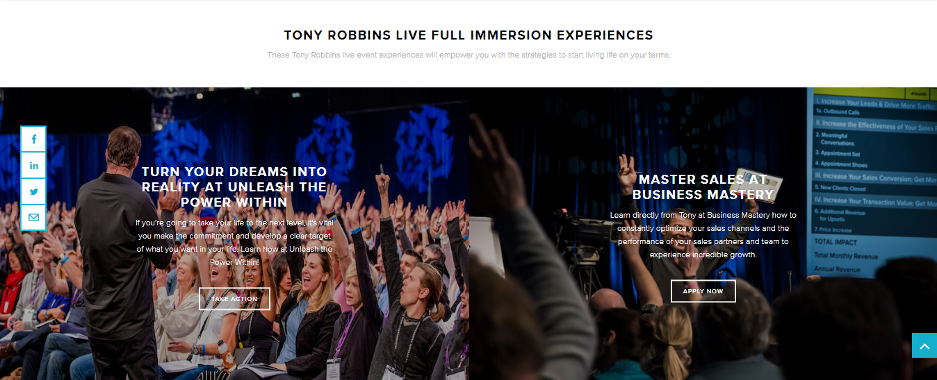 Screenshot of CTAs for Tony Robbins events