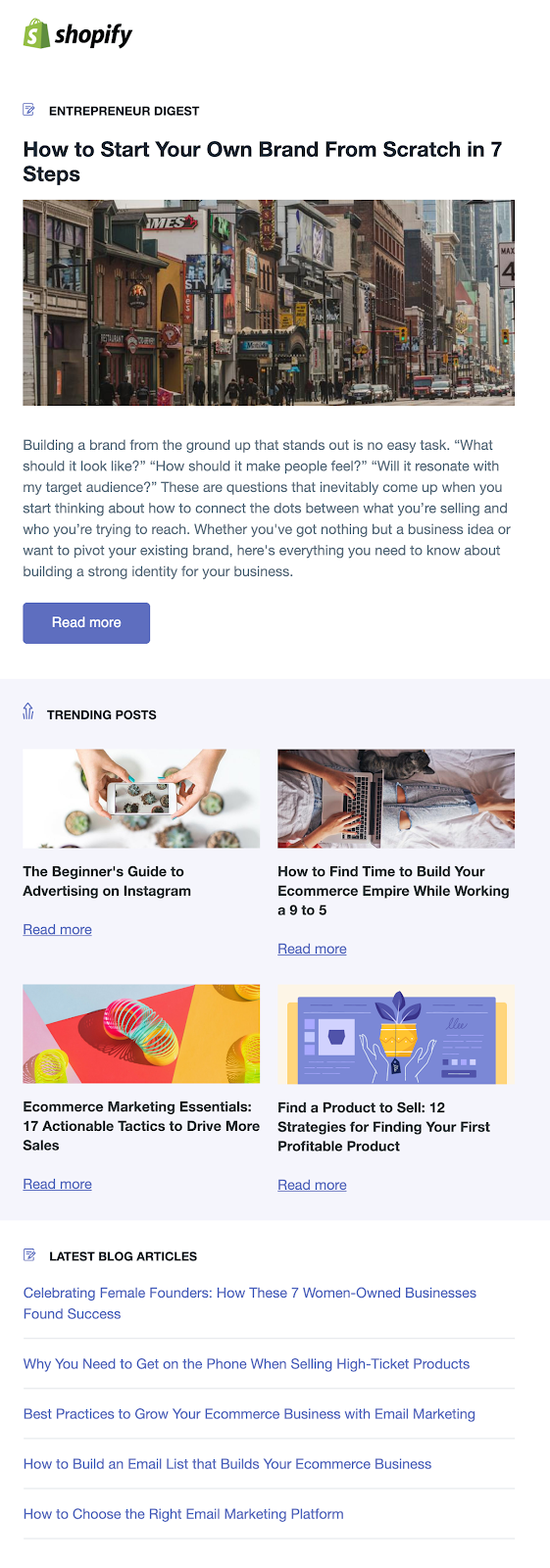 Screenshot of blog update email from Shopify Entrepreneur Digest