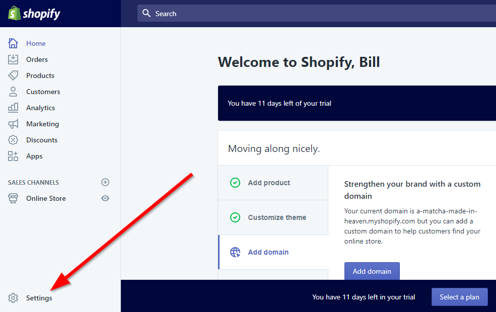 Screenshot showing Shopify settings