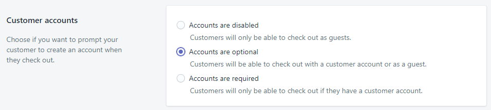 Screenshot showing Shopify customer accounts settings