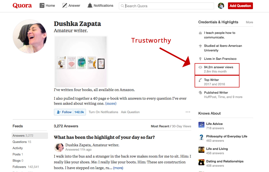 Screenshot showing a page on quora