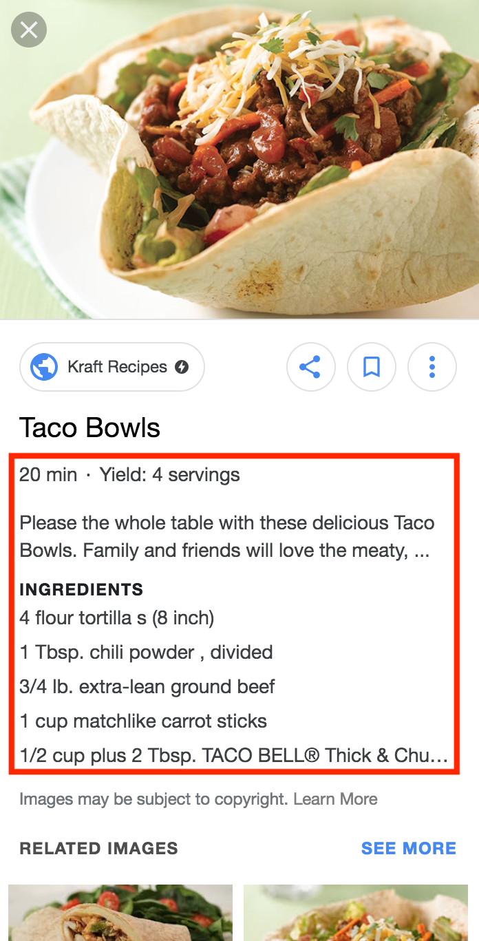 Screenshot showing a recipe on Google