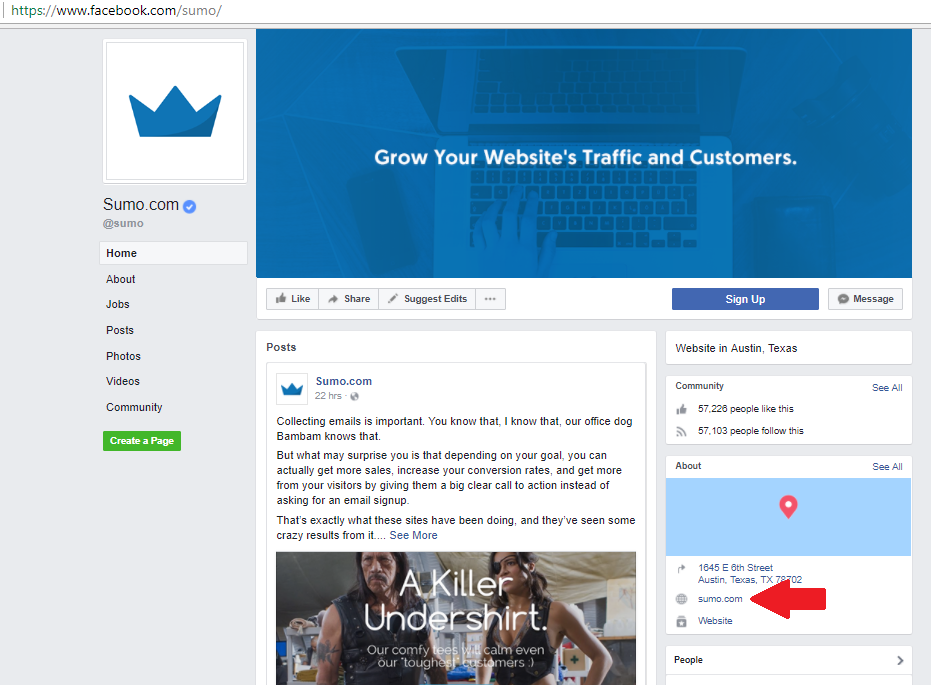 Screenshot of the Sumo Facebook page, showing a link to sumo.com