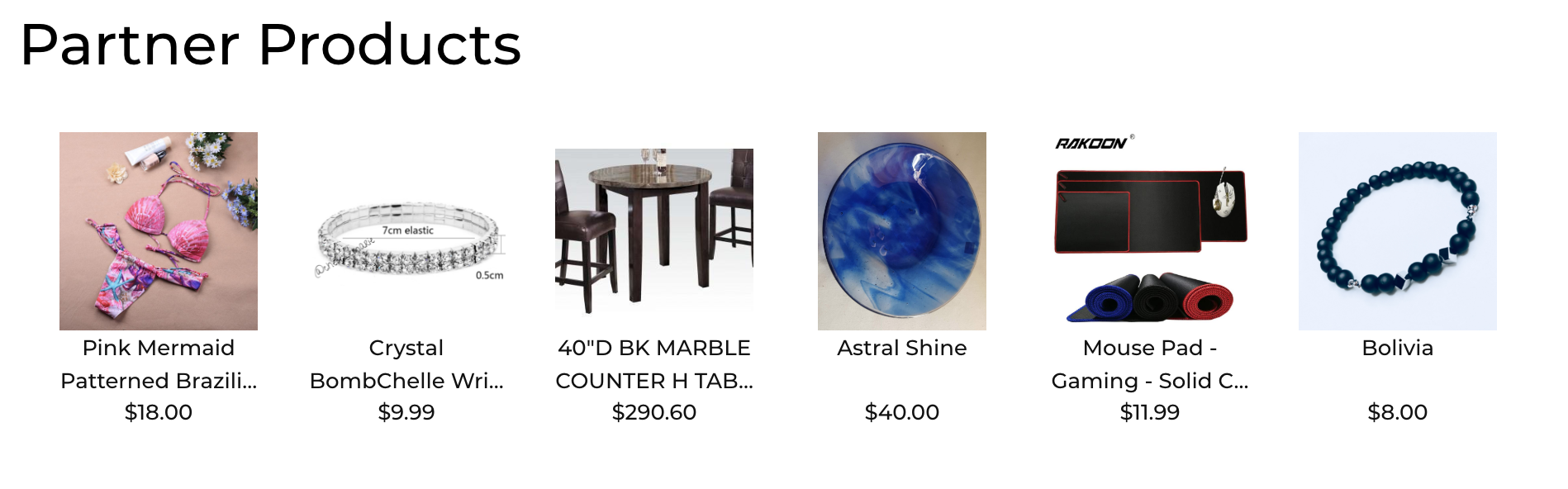 Screenshot showing partner products on an ecommerce store