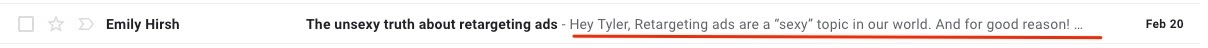 Screenshot of preheader snippet email subject line example from Emily Hirsh