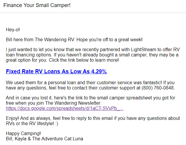Screenshot of partner product email by The Wandering RV