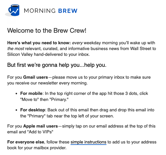 Screenshot of welcome email by Morning Brew
