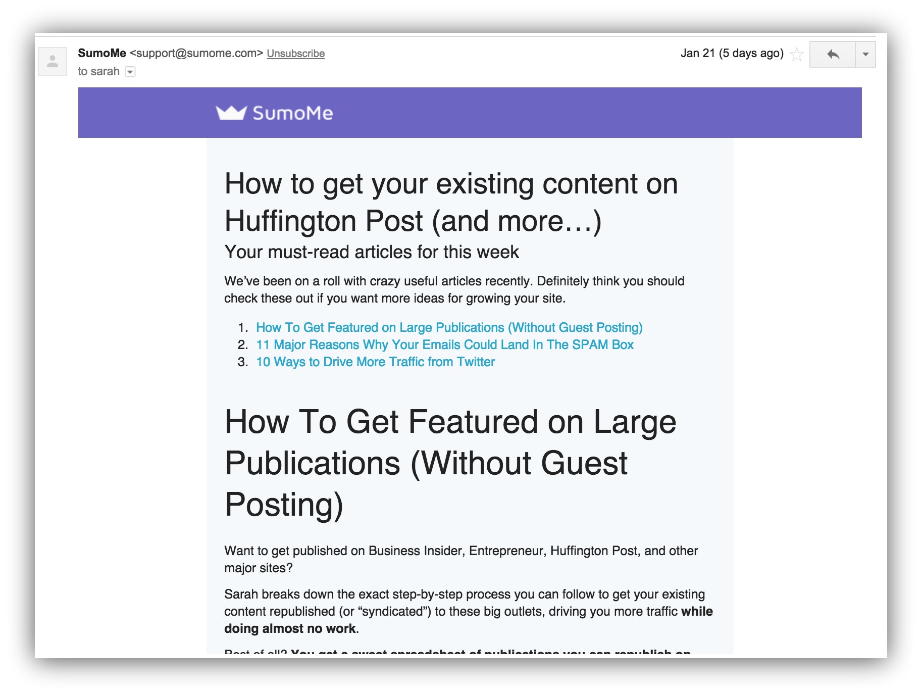 Screenshot of an email sent by Sumo